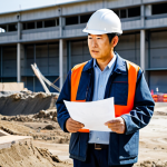 A professional Japanese landscaping site manager, a man in his 40s, standing calmly amidst a challenging construction site. He is wearing a modest, professional work jacket over a collared shirt and work pants, fully clothed, appropriate attire. He is looking at a blueprint with a focused expression, conveying quiet leadership and decisive problem-solving. In the background, heavy machinery and partially excavated earth suggest an ongoing project, but the atmosphere is one of controlled determination. The lighting is bright and clear, emphasizing professionalism. Safe for work, appropriate content, family-friendly, perfect anatomy, correct proportions, natural pose, well-formed hands, proper finger count, natural body proportions, professional photography, high quality.