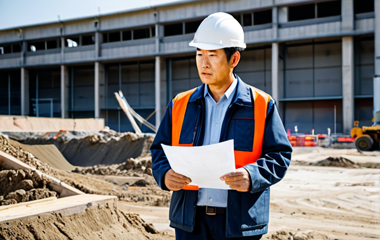 A professional Japanese landscaping site manager, a man in his 40s, standing calmly amidst a challenging construction site. He is wearing a modest, professional work jacket over a collared shirt and work pants, fully clothed, appropriate attire. He is looking at a blueprint with a focused expression, conveying quiet leadership and decisive problem-solving. In the background, heavy machinery and partially excavated earth suggest an ongoing project, but the atmosphere is one of controlled determination. The lighting is bright and clear, emphasizing professionalism. Safe for work, appropriate content, family-friendly, perfect anatomy, correct proportions, natural pose, well-formed hands, proper finger count, natural body proportions, professional photography, high quality.