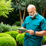 A professional landscape designer in a modest work uniform, standing in a meticulously maintained modern garden, reviewing design plans on a tablet. The setting features lush green foliage, blooming flowers, and neatly arranged hardscaping elements under soft natural light. Fully clothed, appropriate attire, safe for work, perfect anatomy, natural proportions, well-formed hands, proper finger count, natural body proportions, professional photography, high quality, modest, family-friendly.