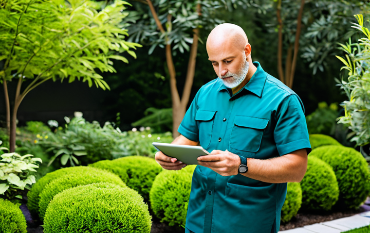 A professional landscape designer in a modest work uniform, standing in a meticulously maintained modern garden, reviewing design plans on a tablet. The setting features lush green foliage, blooming flowers, and neatly arranged hardscaping elements under soft natural light. Fully clothed, appropriate attire, safe for work, perfect anatomy, natural proportions, well-formed hands, proper finger count, natural body proportions, professional photography, high quality, modest, family-friendly.