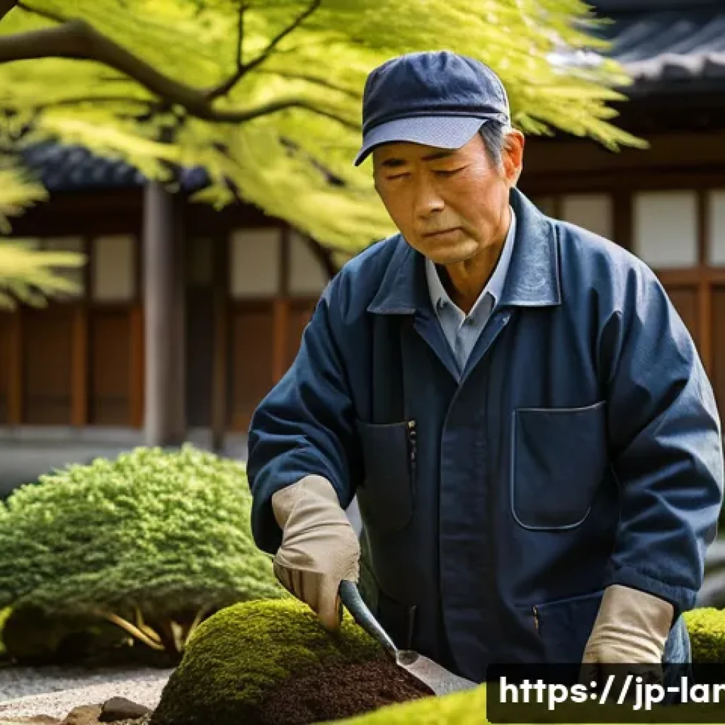 조경 경력직 이직 전략 - A seasoned Japanese landscape artisan, in their late 50s, with a calm and focused expression, meticu...