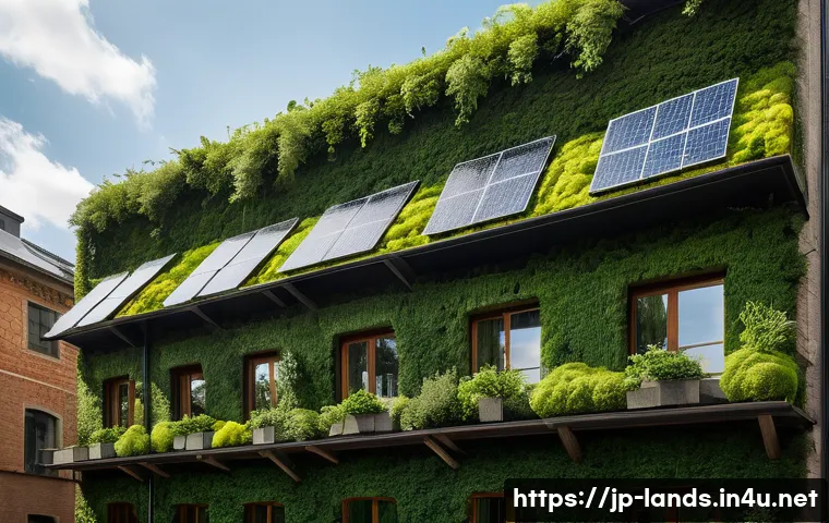 조경 관련 해외 사례 연구 - A European cityscape featuring vertical greening on old building facades covered with lush moss and ...