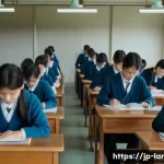 조경 자격증 시험장의 분위기 - A quiet Japanese exam hall filled with focused students sitting at neatly arranged desks, each with ...
