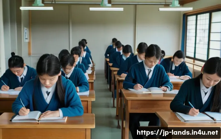 조경 자격증 시험장의 분위기 - A quiet Japanese exam hall filled with focused students sitting at neatly arranged desks, each with ...