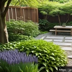조경 실습 프로젝트 경험기 - A peaceful Japanese home garden in early spring, featuring a variety of plants such as lavender, hos...