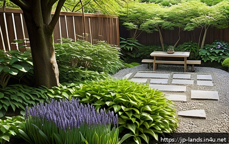 조경 실습 프로젝트 경험기 - A peaceful Japanese home garden in early spring, featuring a variety of plants such as lavender, hos...