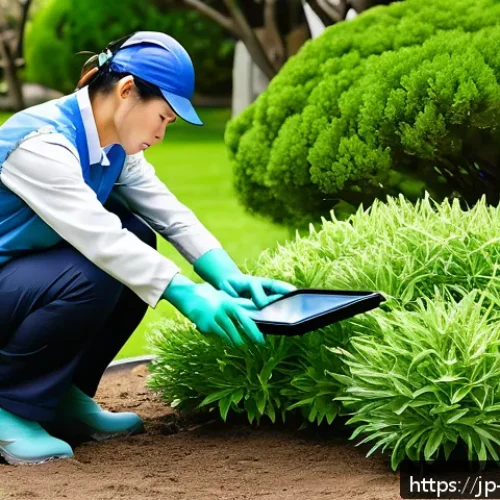 조경학과 졸업생 취업 후기 - A professional Japanese landscape gardener in clean workwear and protective gloves, carefully tendin...