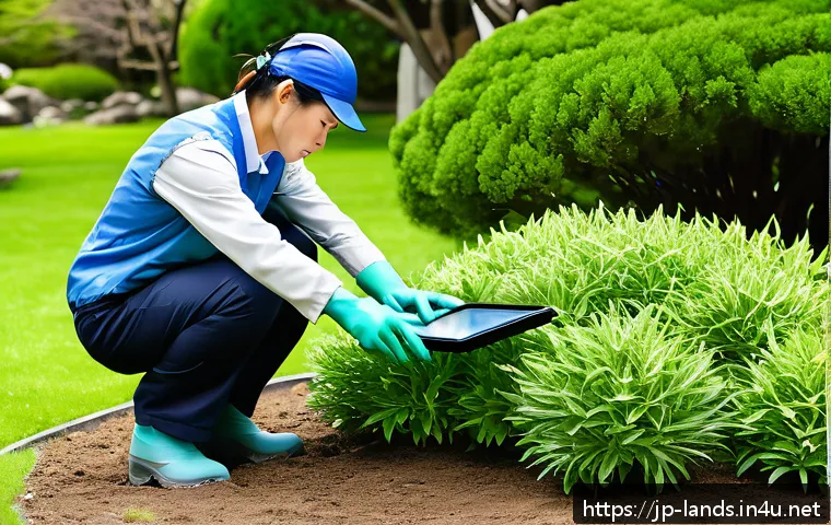 조경학과 졸업생 취업 후기 - A professional Japanese landscape gardener in clean workwear and protective gloves, carefully tendin...
