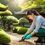 조경 인턴십 경험 공유 - A serene Japanese garden scene during early morning with soft sunlight filtering through lush green ...