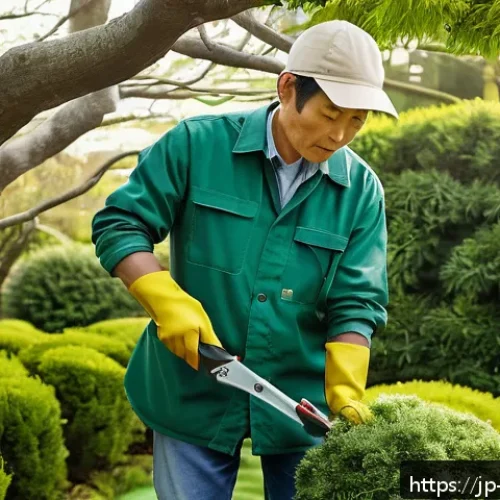 조경 실기 시험 합격 후기 - A focused Japanese gardener in modern workwear and gloves, practicing precise tree pruning in a sere...