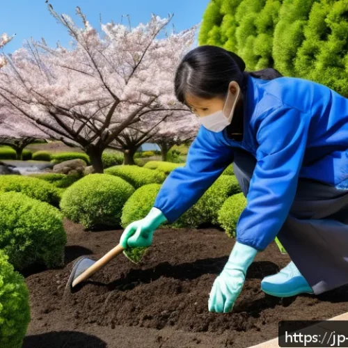 조경 관련 공공시설 관리 사례 - A vibrant community park scene in Japan during spring, featuring diverse local residents—from childr...
