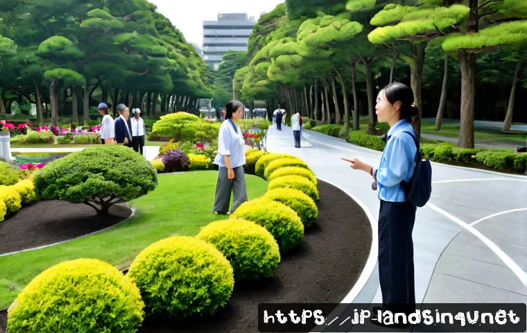 조경 자격증 취득 후 사회적 역할 - Photorealistic Japanese landscape professional in clean work attire consulting with a neighborhood c...