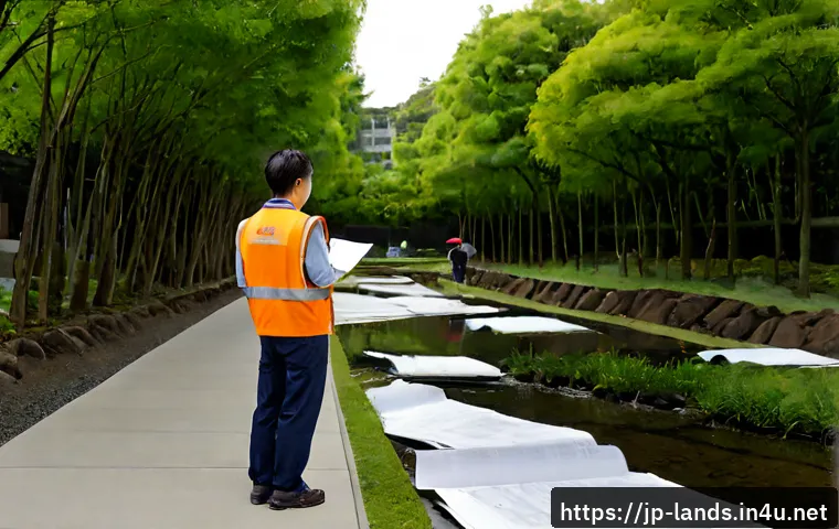 조경 프로젝트와 환경 법규 준수 - Photorealistic landscape architect and environmental inspector reviewing a sustainable urban park pr...