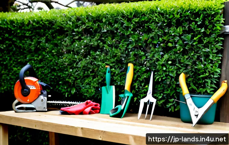 조경 기사 실기 작업형 도구 관리 - Photorealistic organized landscape construction tool maintenance station, clean pruning shears, hedg...