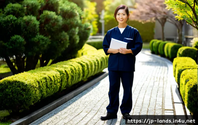 조경 관련 이직 성공 스토리 - Photorealistic Japanese landscape architect in clean professional workwear, standing confidently in ...